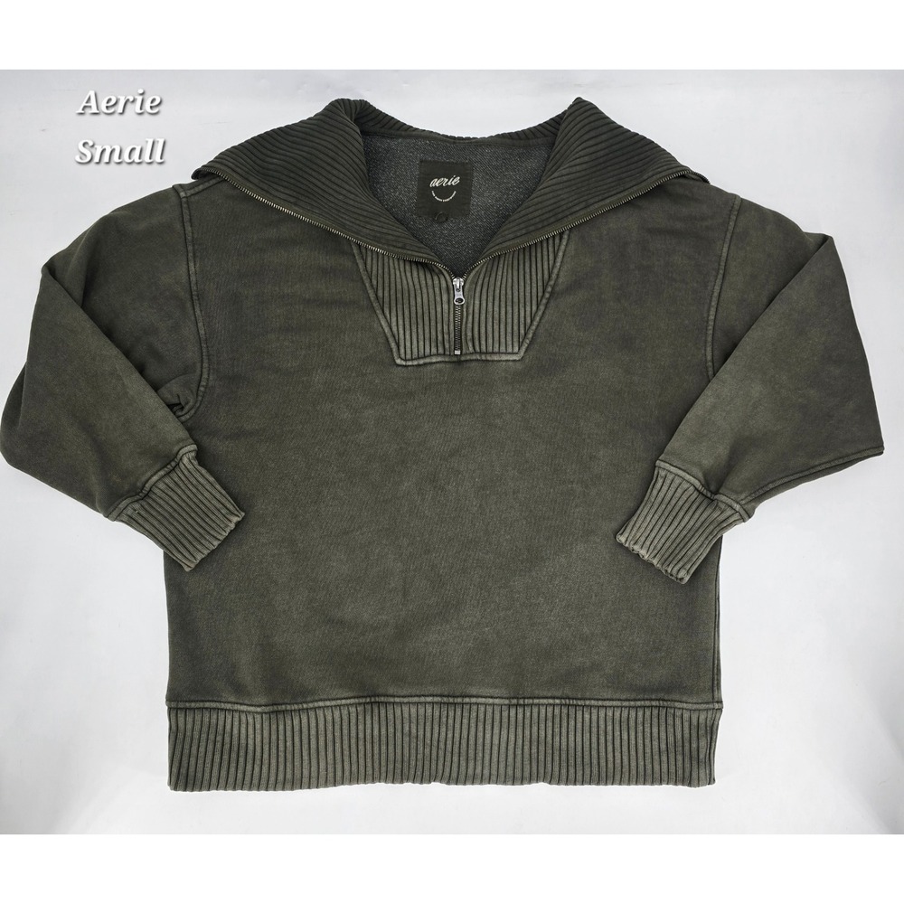Aerie Down To Earth Oversized Quarter Zip Sweatshirt Small Olive Green Washed